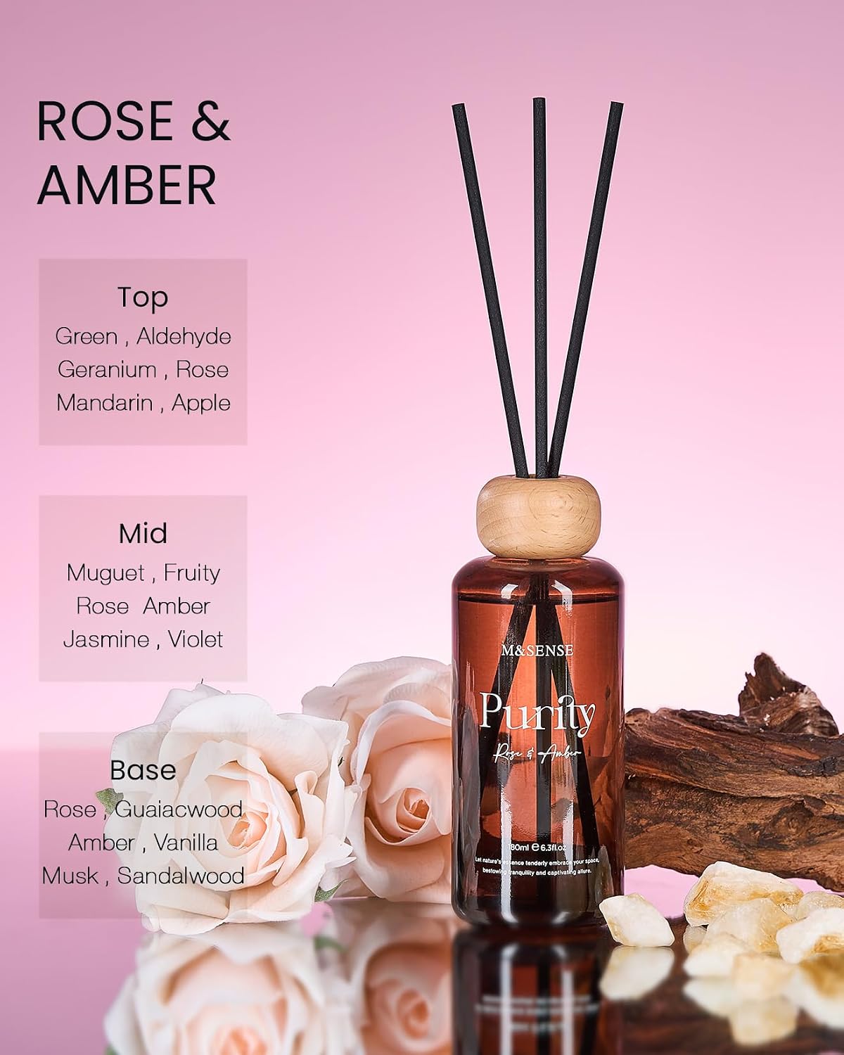 Detalle 2 de M&SENSE MSRD0408 RoseAmber Reed Diffuser, 180 ml Amber Glass, 7 Sticks