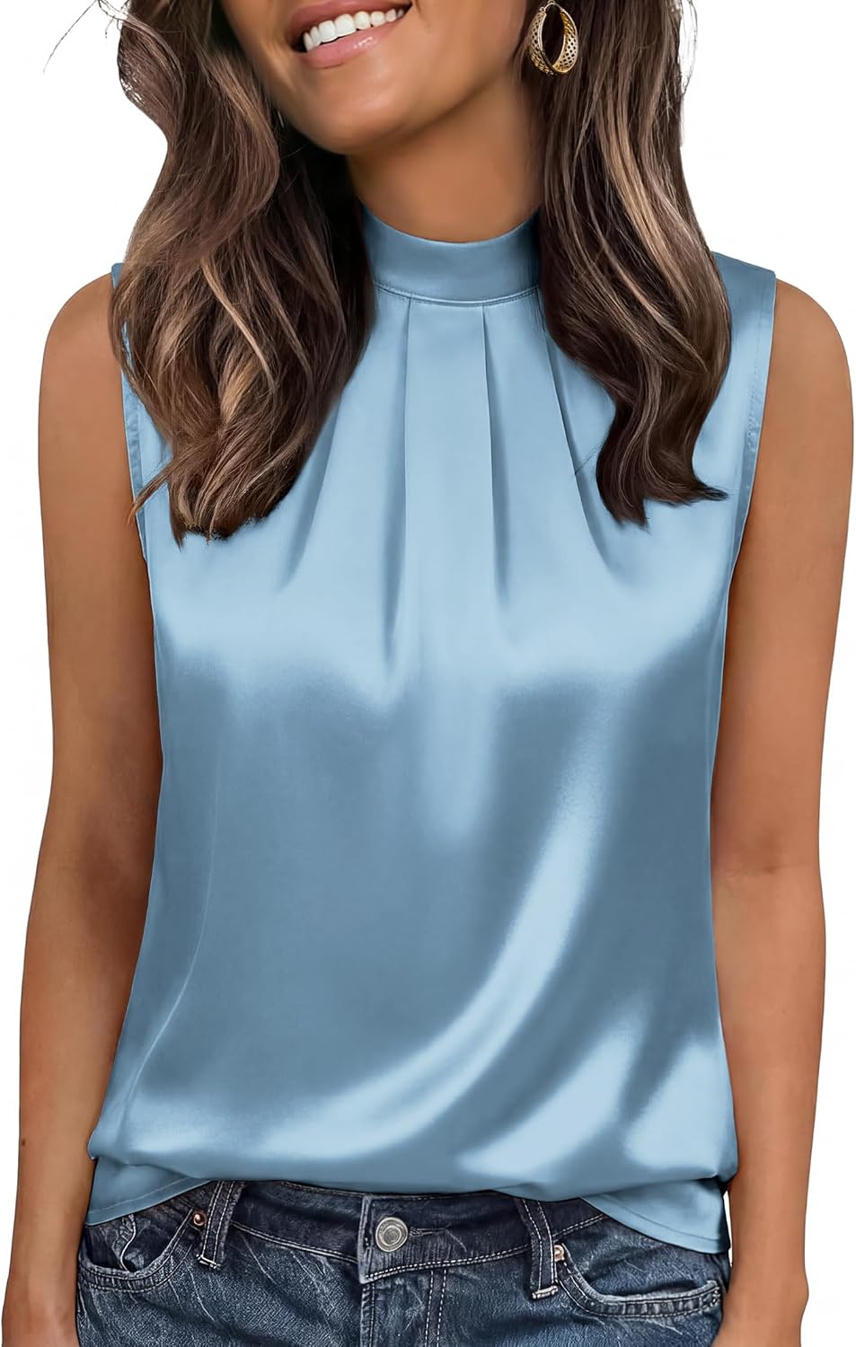 Thumbnail 6 de Funlingo Women's Silk Satin Tank Tops Mock Neck Camisole Dressy Sleeveless Blouse