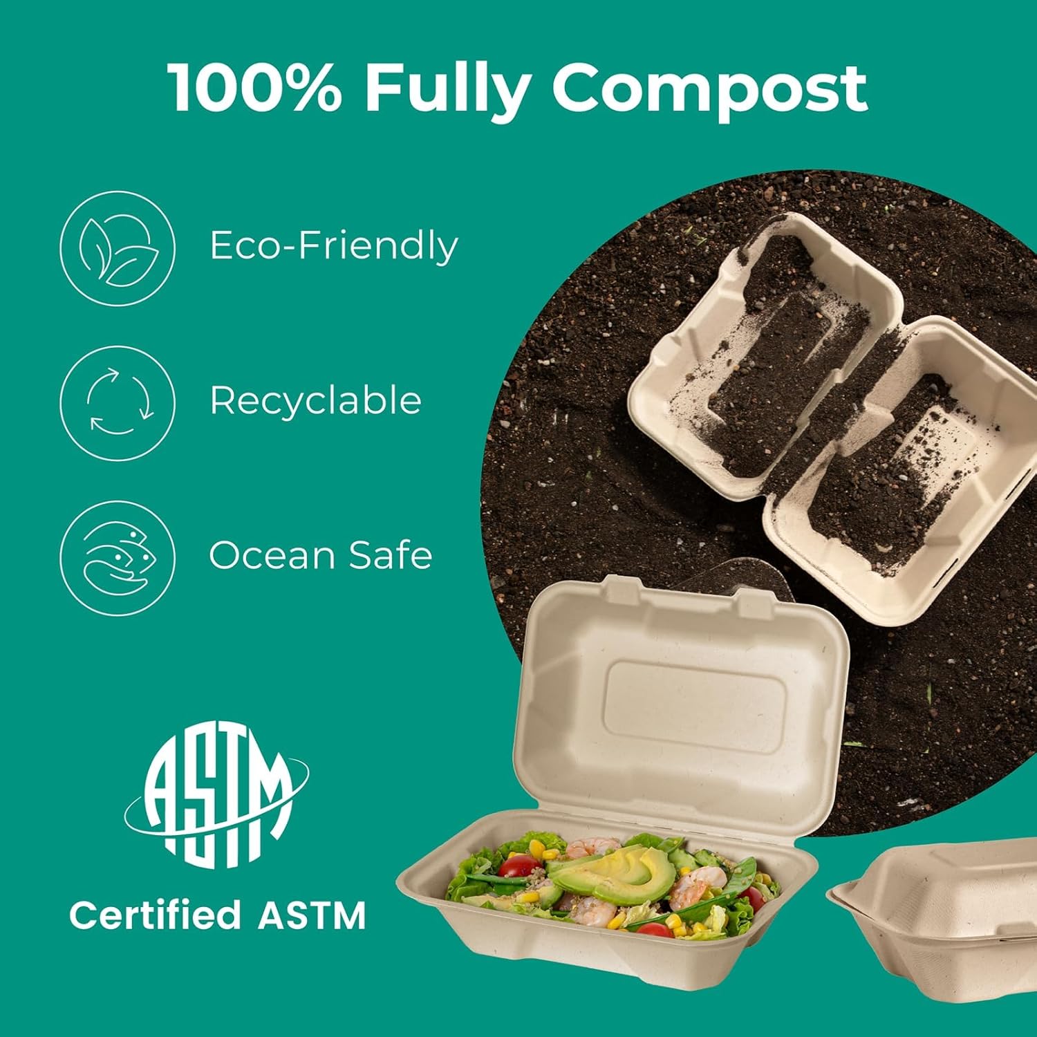 Thumbnail 2 de Fit Meal Prep 100 Pack 9x6 Compostable To Go Food Containers