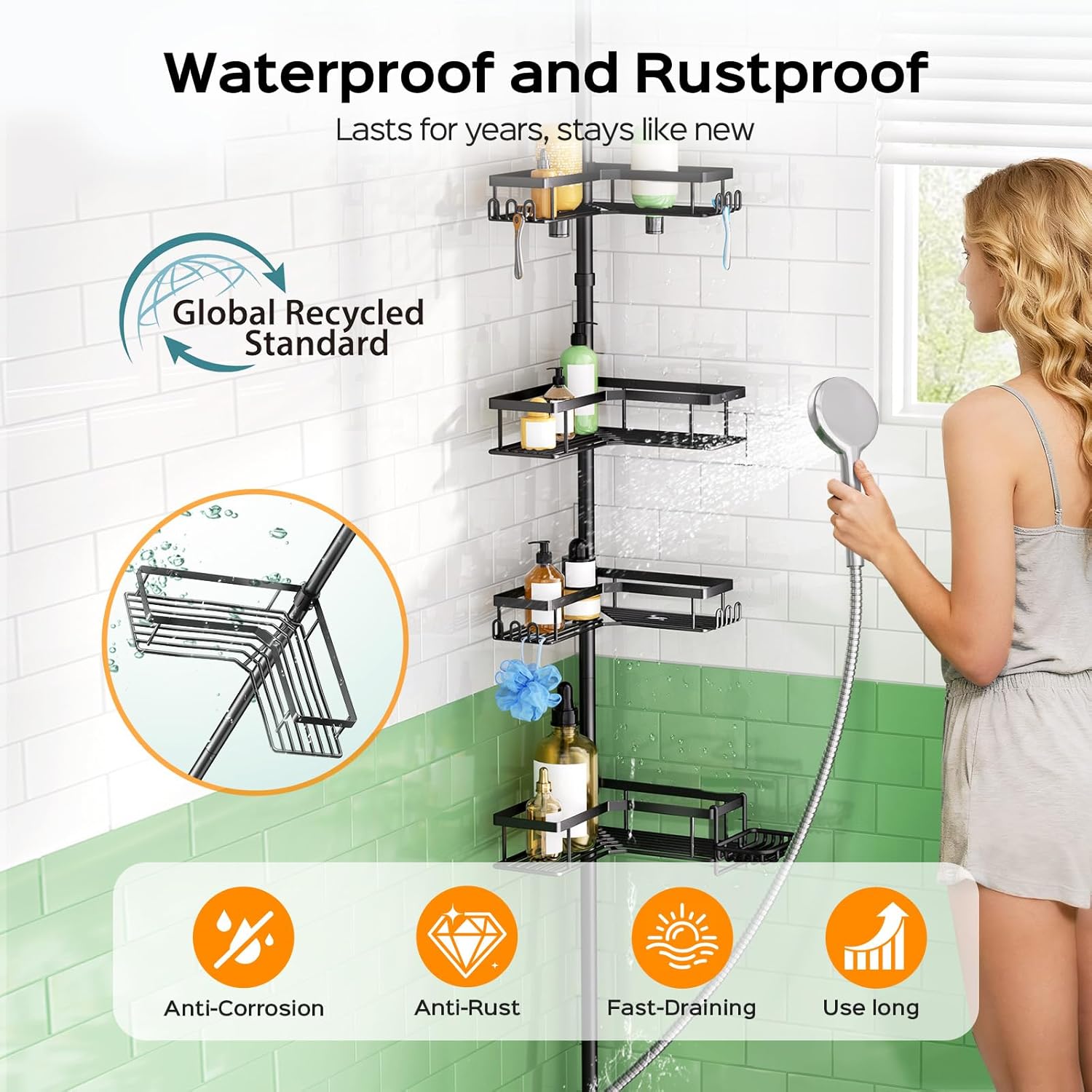 Detalle 2 de HAMITOR Shower Caddy Tension Pole: 4-Tier Corner Rustproof Organizer (No-Drill, 47.71"–123.6" Adjustable) for Renters