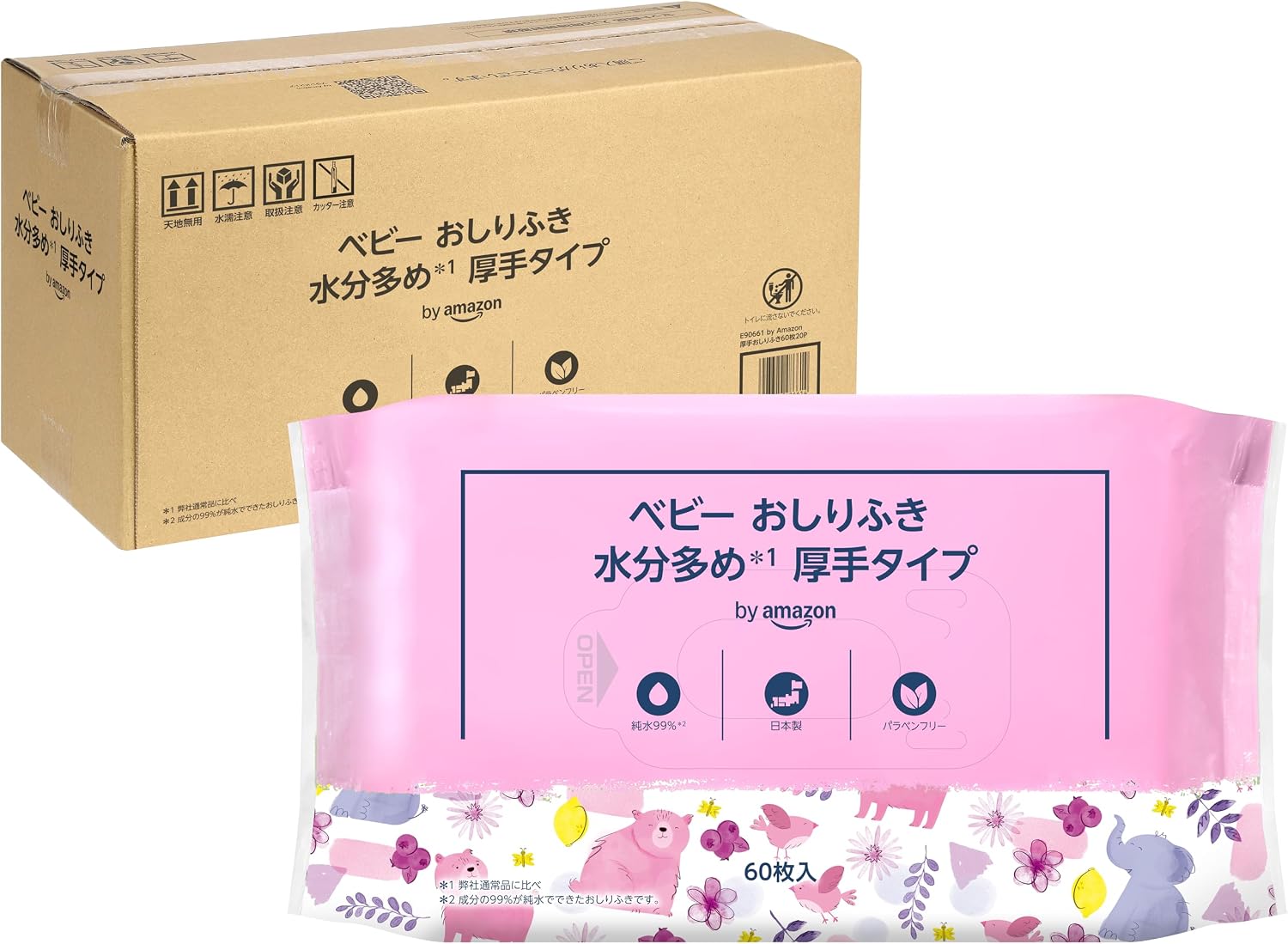 Detalle de by Amazon ベビーおしりふき 純水99% 厚手・水分多め 無香料 60枚×20個