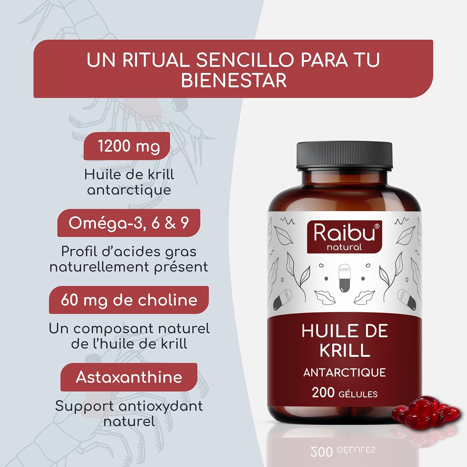 Thumbnail 2 de Huile de Krill d’Antarctique 200 Gélules – 1 200 mg/jour, astaxanthine, Oméga-3 (EPA/DHA) et phospholipides