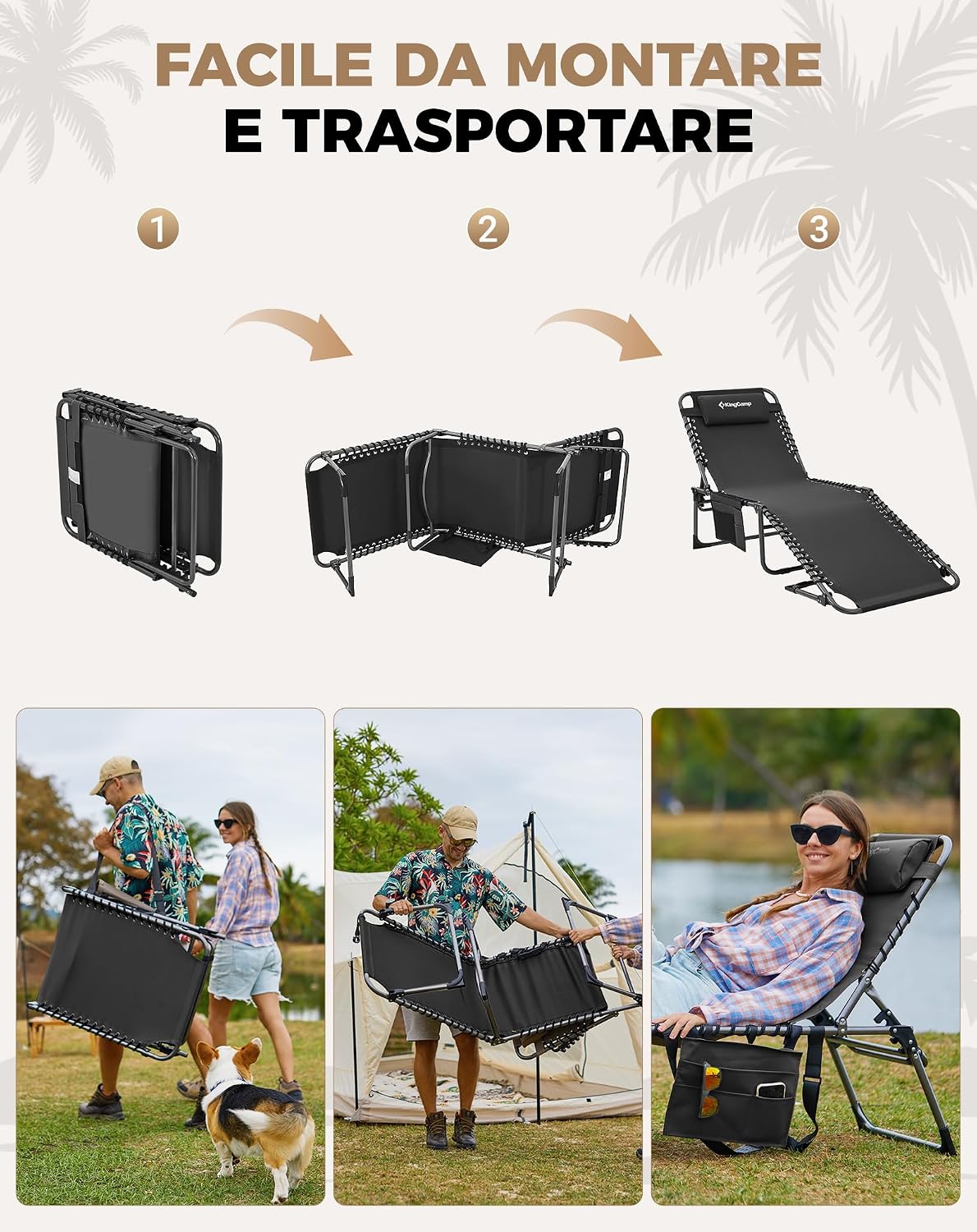 Thumbnail 6 de KingCamp Set di 2 lettini prendisole pieghevoli con cuscini e tasche, lettini da giardino pieghevoli per spiaggia e giardino, capacità 180 kg