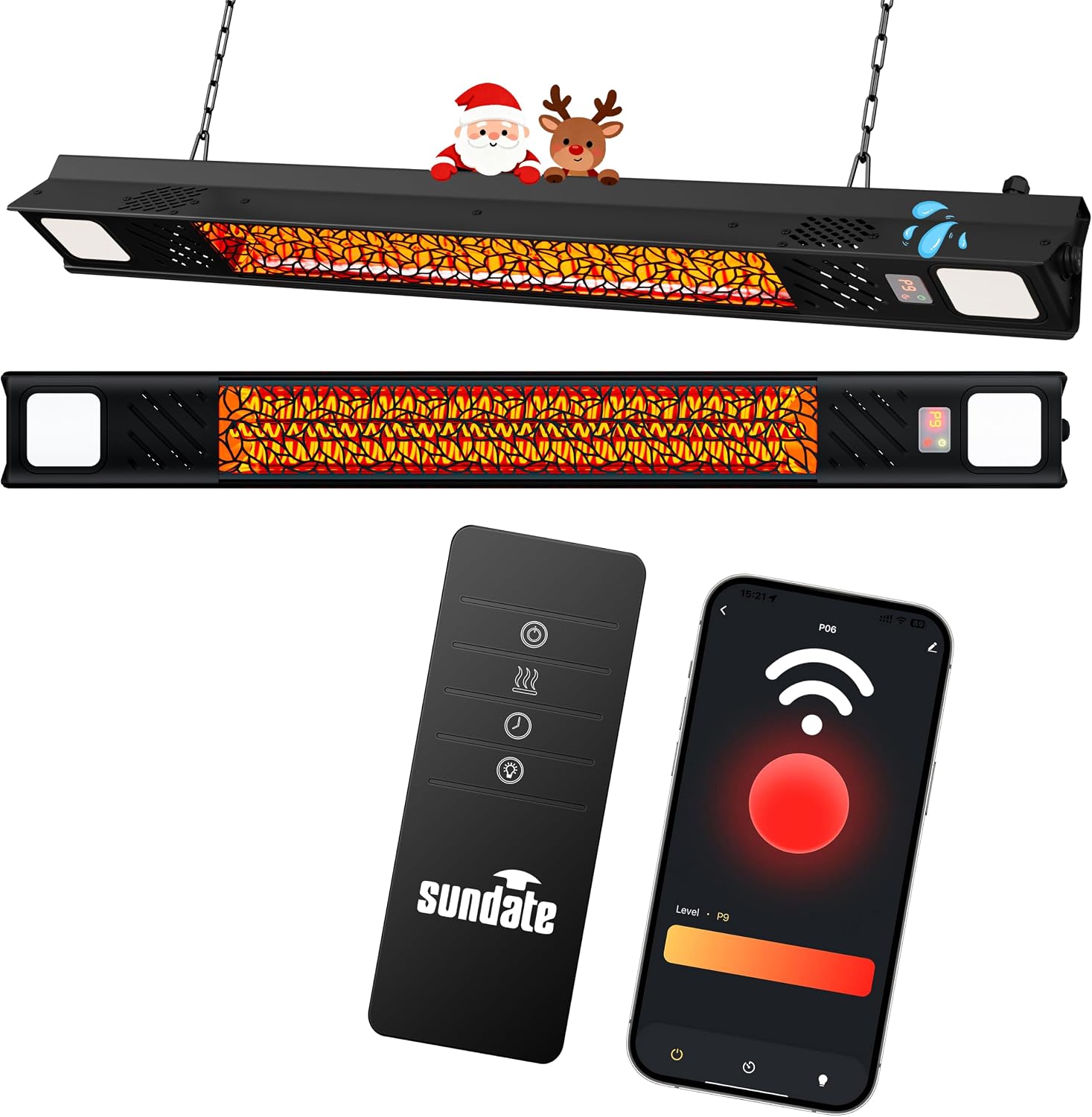 Detalle de Sundate P06-GLW15B Hanging Infrared Patio Heater, 1500W with Wi-Fi and Light