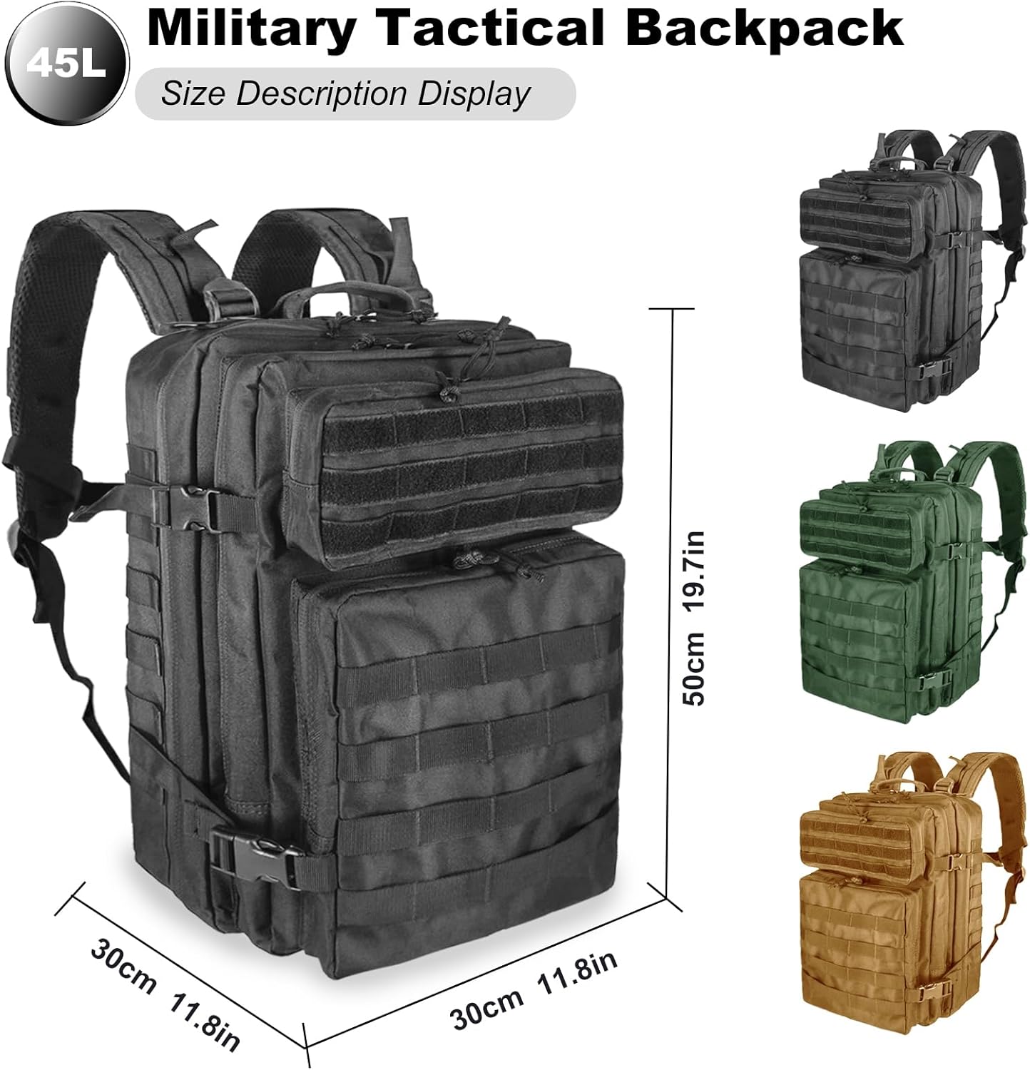 Thumbnail 1 de Militär Rucksack Herren 45L – großer taktischer Wasserdichter Outdoor-Backpack (Schwarz)