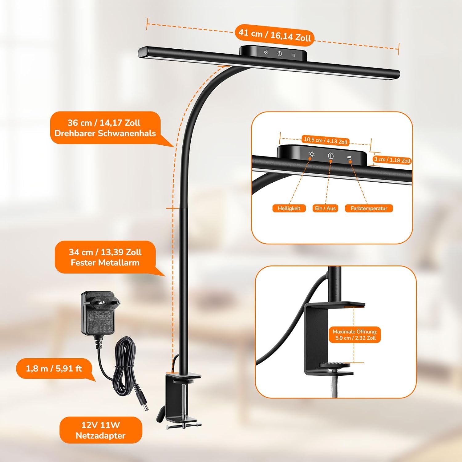 Detalle de Lepro Schreibtischlampe mit Klemme – flexibler, augenschonender Komfort für Arbeit und Studium