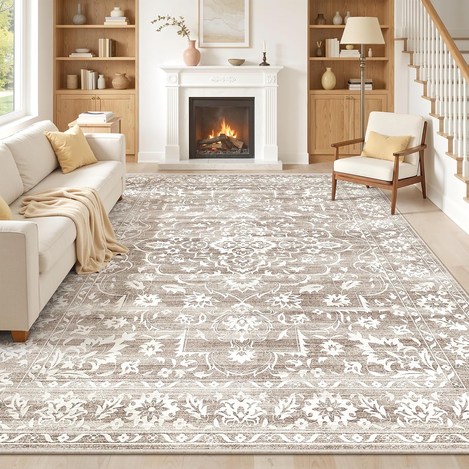 Detalle de Soalmost 8x10 Washable Area Rug for Living Room – Vintage Floral, Non-Slip, 0.24 Inch Pile, Light Brown