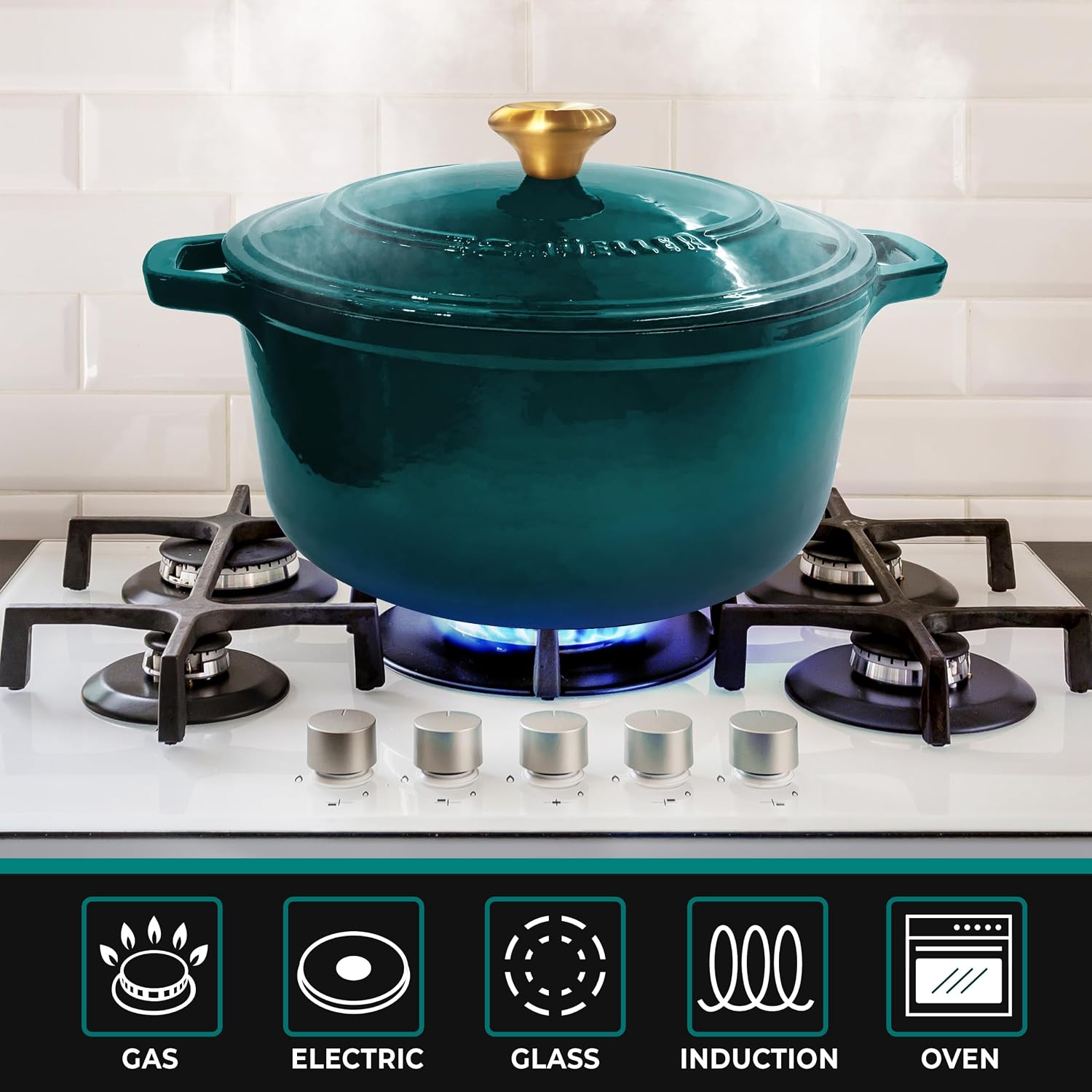 Detalle de Mueller DuraCast 6 Quart Enameled Cast Iron Dutch Oven with Lid (Emerald) — 500°F Oven Safe, PFOA-Free