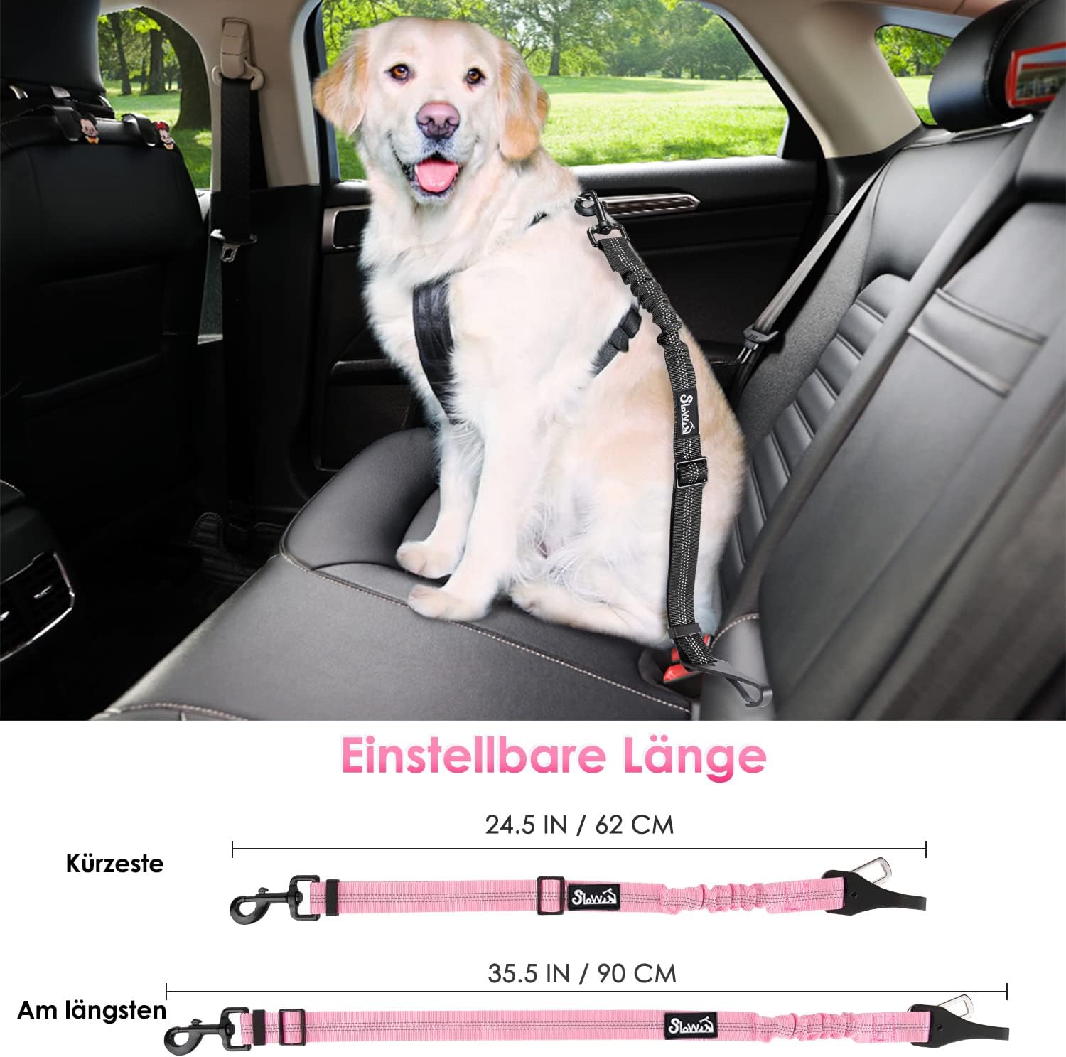 Thumbnail 6 de Eyein Hunde-Sicherheitsgurt für Auto (3-in-1, reflektierend, 90 cm) – verstellbar mit elastischer Ruckdämpfung, Rosa
