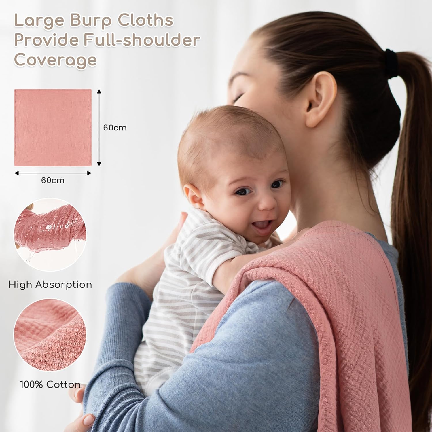 Detalle 2 de Yukkidds Muslin Cloths for Baby Large 60x60cm – 5 Pack Pink Floral