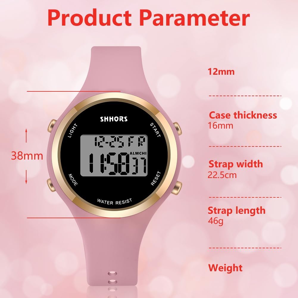 Detalle de OFFCUP Damenuhr – digitale LED-Uhr mit Wecker, Stoppuhr, Datum und Silikonarmband