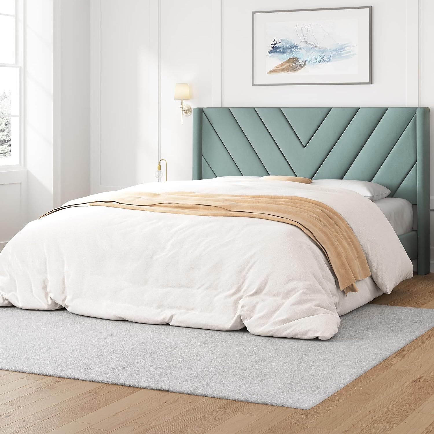 Detalle de Yaheetech YT-00143653 Queen Bed Frame, Blue Lake Velvet Chevron Headboard