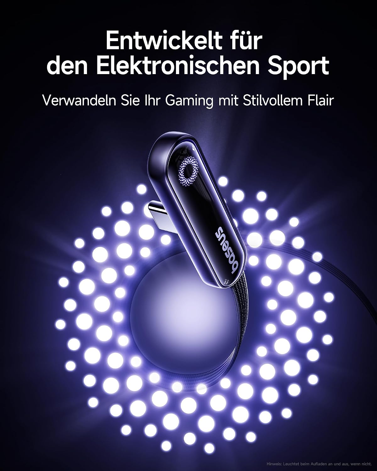 Detalle de Baseus USB‑C auf USB‑C Kabel 90 Grad, 2 m, 100 W mit Ring-Umgebungslicht