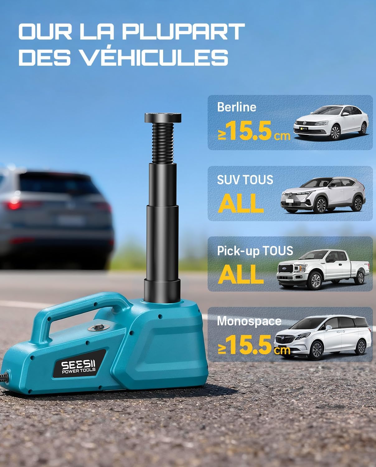 Thumbnail 5 de SEESII Cric hydraulique 12V 5 tonnes (3 tonnes) avec télécommande — amplitude de levage 15,5 à 45 cm