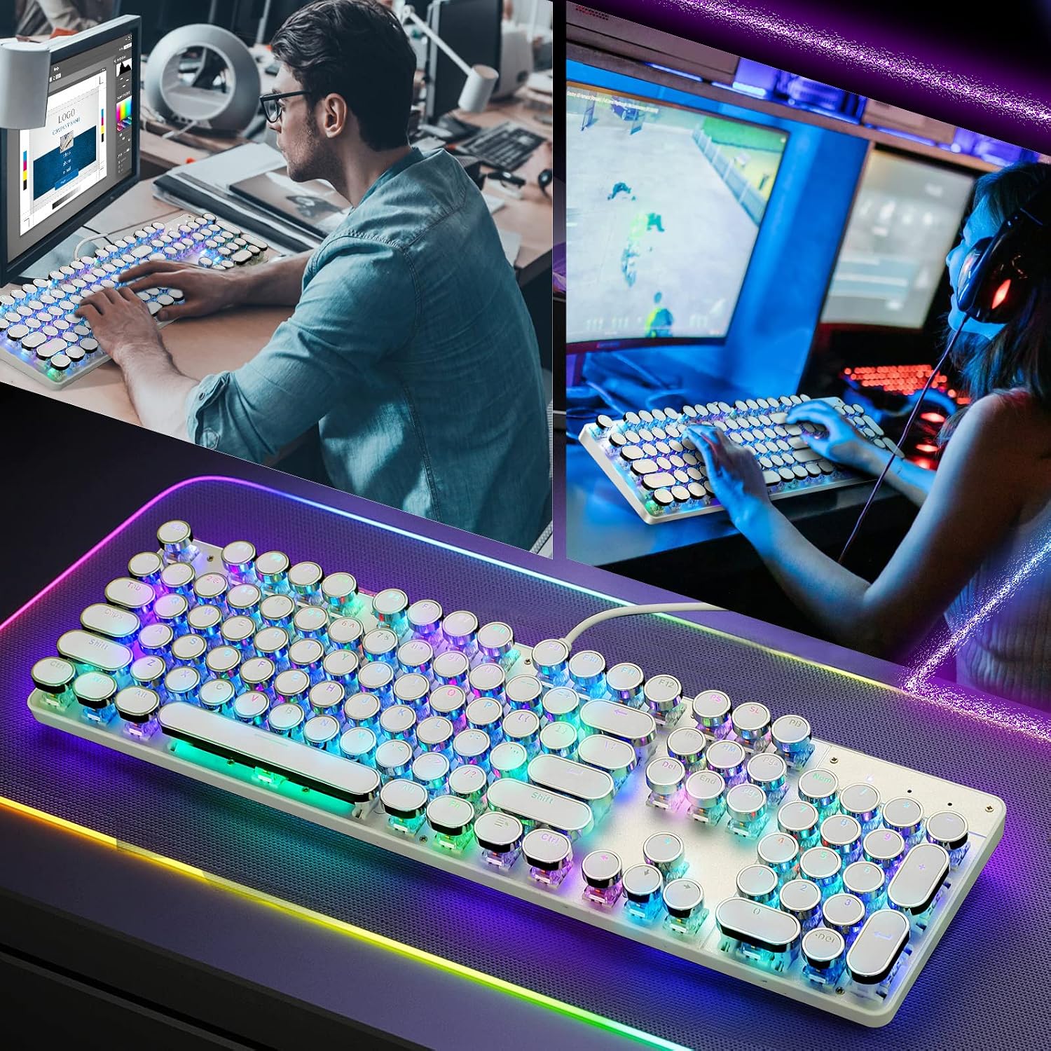 Thumbnail 6 de YSCP Typewriter Style Mechanical Gaming Keyboard RGB Backlit with Blue Switches, 104 Keys, Wired (R-White)