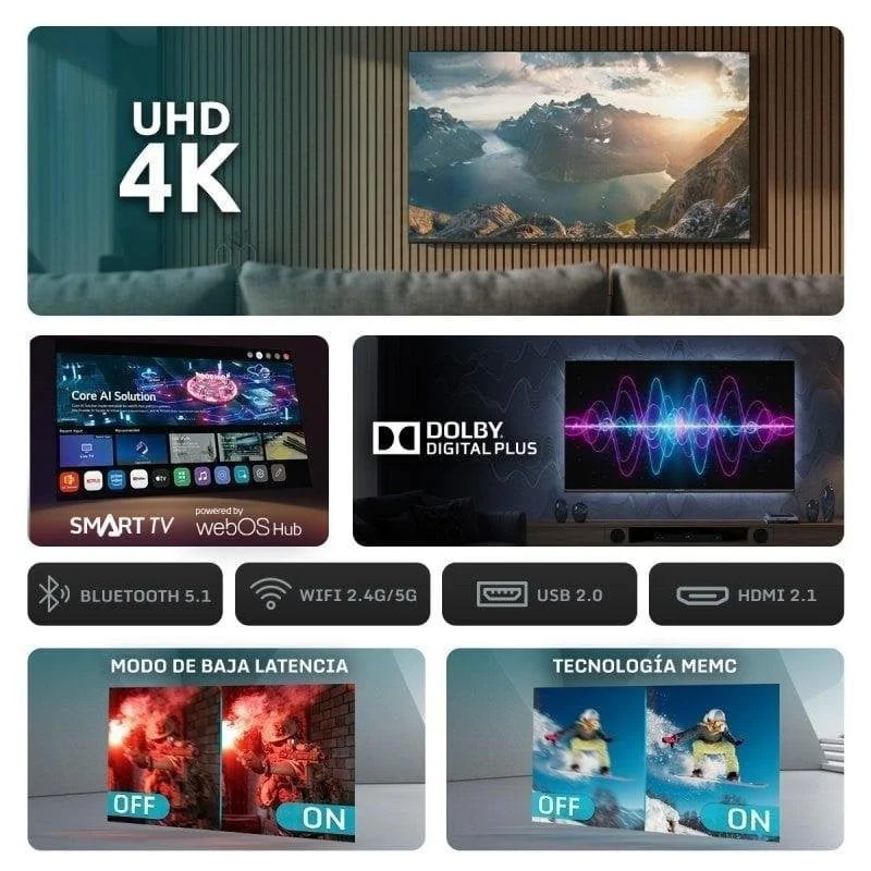 Detalle de Nilait Prisma 43UD7004SWOS: TV 43" 4K WebOS con barra Nilait Harmony 60W y sonido Dolby Digital Plus