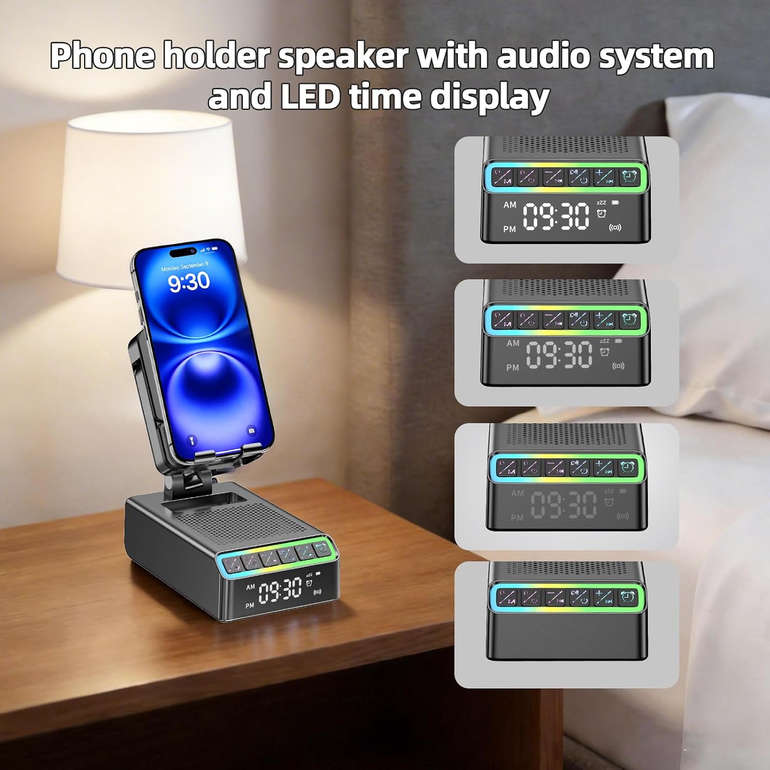 Thumbnail 6 de Bluetooth-Lautsprecher mit Handyhalterung 9-in-1 – Bluetooth 6.0, INDuktions Halterung, Wecker & RGB-Licht