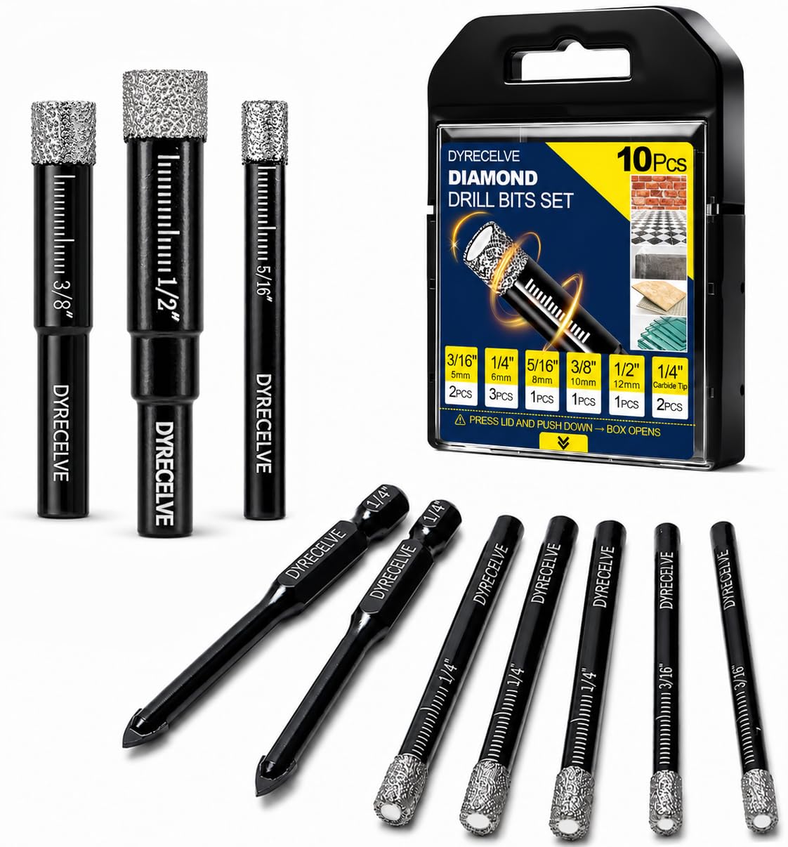 Detalle de DYRECELVE Diamond Drill Bit Set, 10-Piece