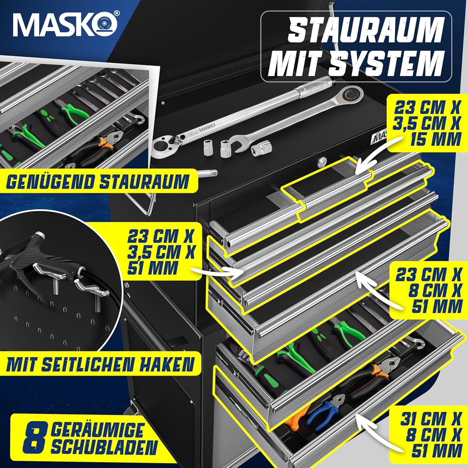 Thumbnail 3 de MASKO Werkstattwagen inkl. Koffer mit 9 Fächern, abschließbar – mobiler Werkzeugwagen aus massivem Metall (Schwarz/Grau)