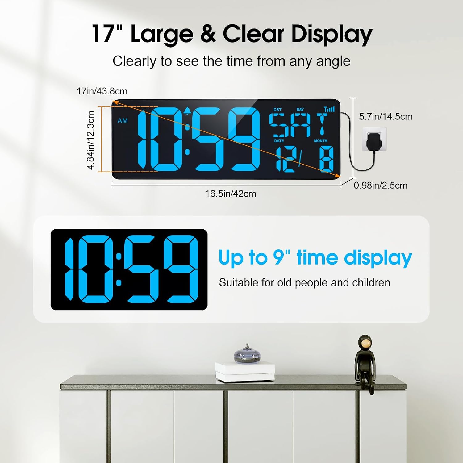 Thumbnail 3 de XREXS 17 Inch Digital Wall Clock with Bluetooth auto-sync, auto-dimming and time/date/temperature display