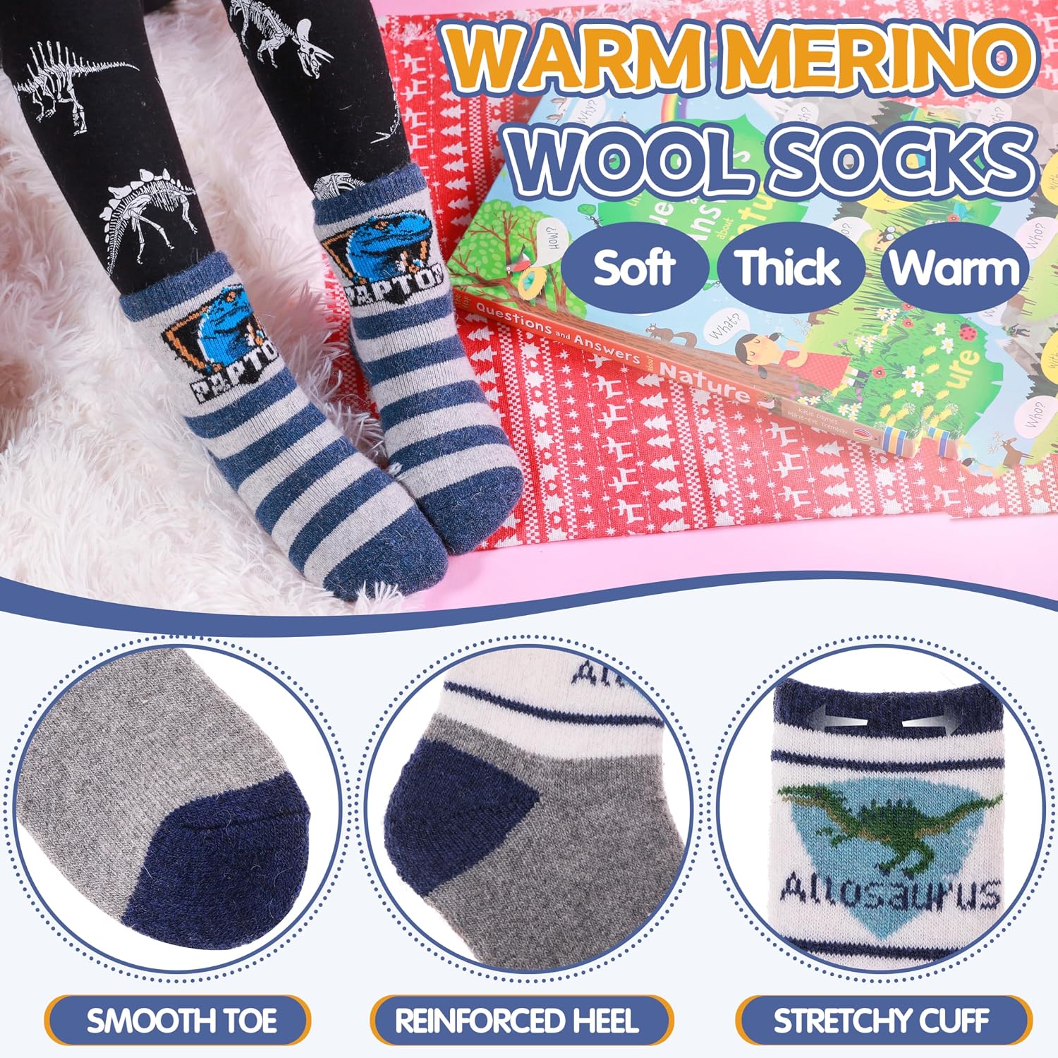 Detalle de ANTSANG Kids Merino Wool Hiking Socks, 6-Pair Crew Boot Socks with Full Cushioning