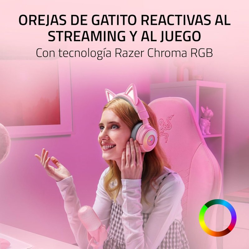 Detalle de Razer Kraken Kitty V3 Pro: auriculares gaming inalámbricos con orejas RGB y sonido inmersivo