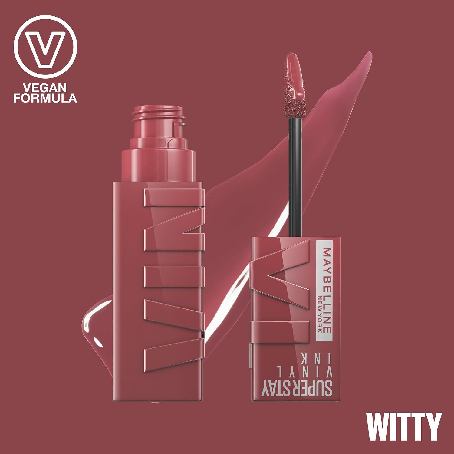 Detalle 2 de Maybelline New York Super Stay Vinyl Ink Flüssiger Lippenstift – Vinyl-Finish, 16H Halt & Glanz, Nuance 40 Witty (4,2 ml)