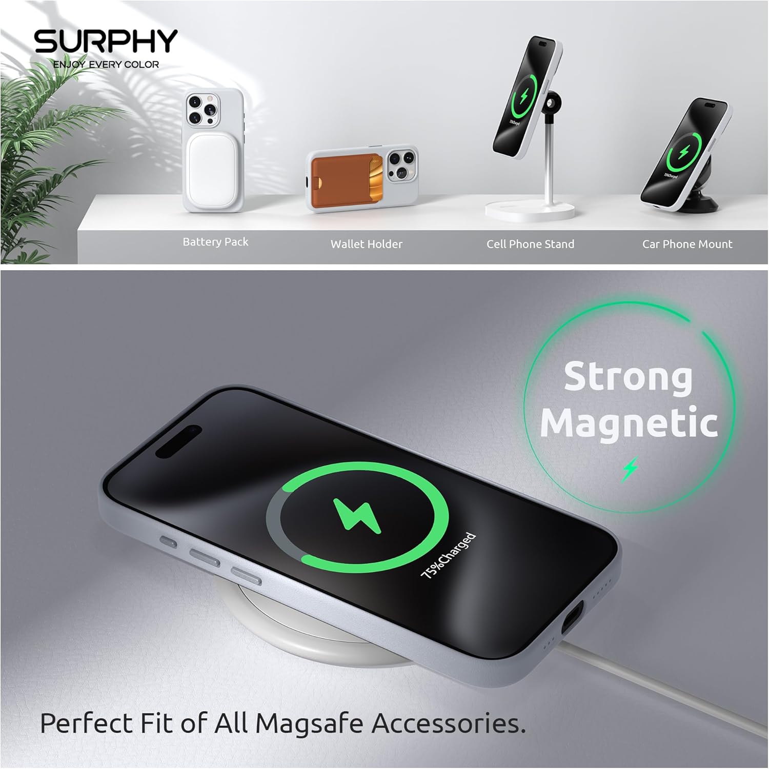 Thumbnail 2 de SURPHY Faux Leather Case for iPhone 15 Pro (6.1in) with Screen Protectors & MagSafe – Cool White