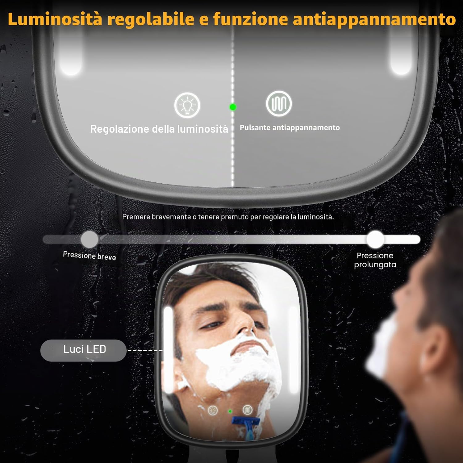 Thumbnail 4 de Specchio da doccia riscaldato anti-appannamento con illuminazione a LED, 2 supporti per rasoi e gancio adesivo removibile