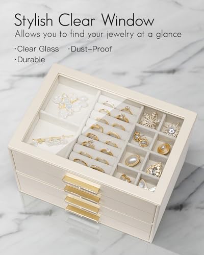 Detalle de VLANDO Boîte à bijoux Grande 4 niveaux avec couvercle en verre et cuir PU – rangement élégant et pratique