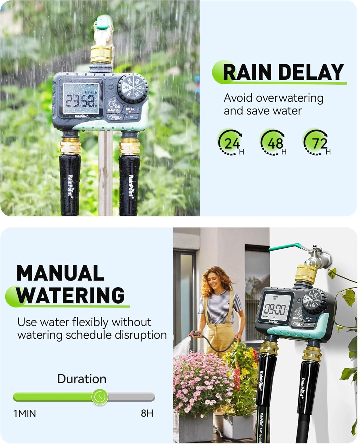 Detalle 2 de RAINPOINT Water Timer 2 Outlets – IP65 garden hose irrigation timer with brass inlet/outlet