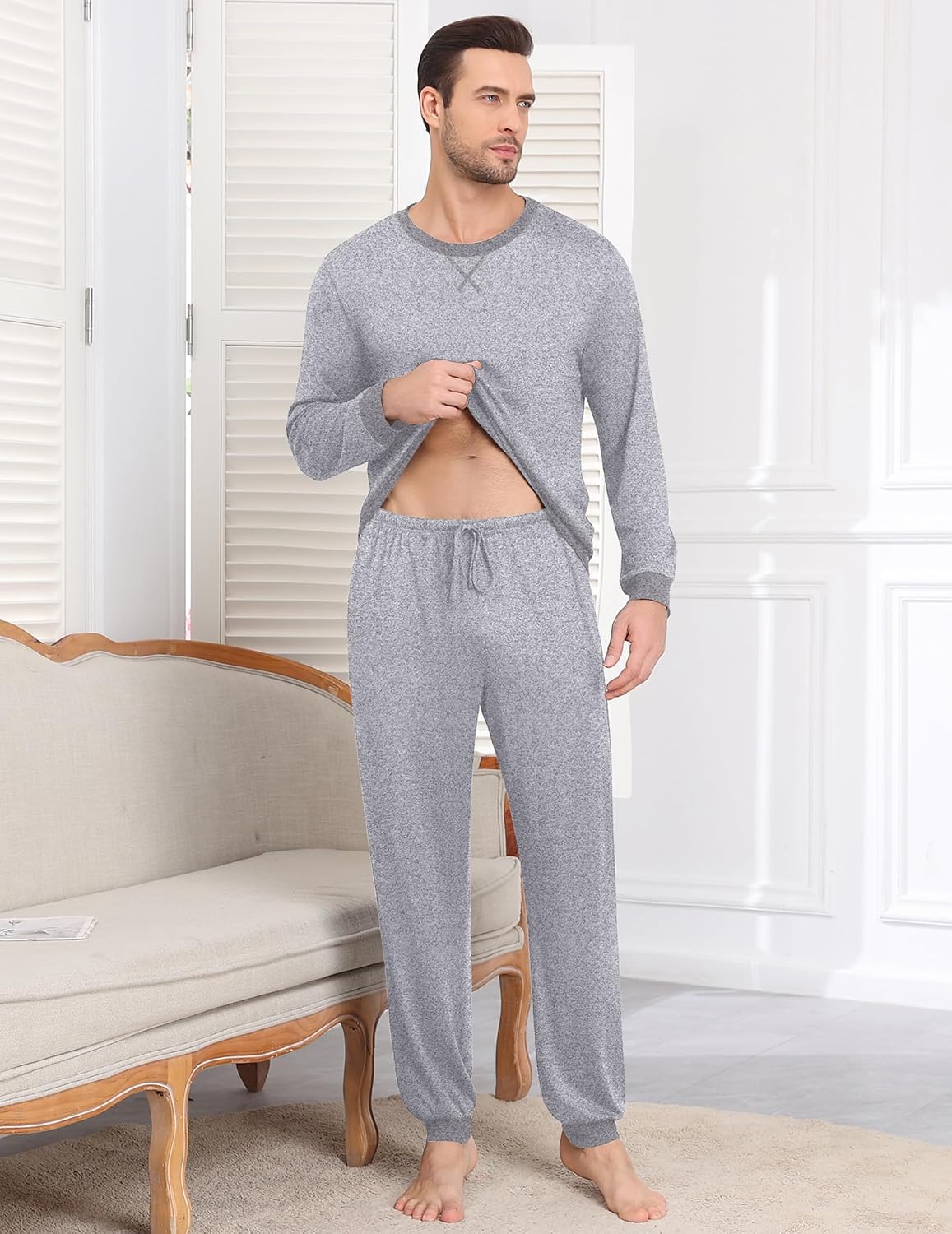 Detalle de EKOUAER Pyjama Homme d’Hiver à Manches Longues et Treillis à Cordon Coulissant avec Poches – Trousers à Poches, S-XXL
