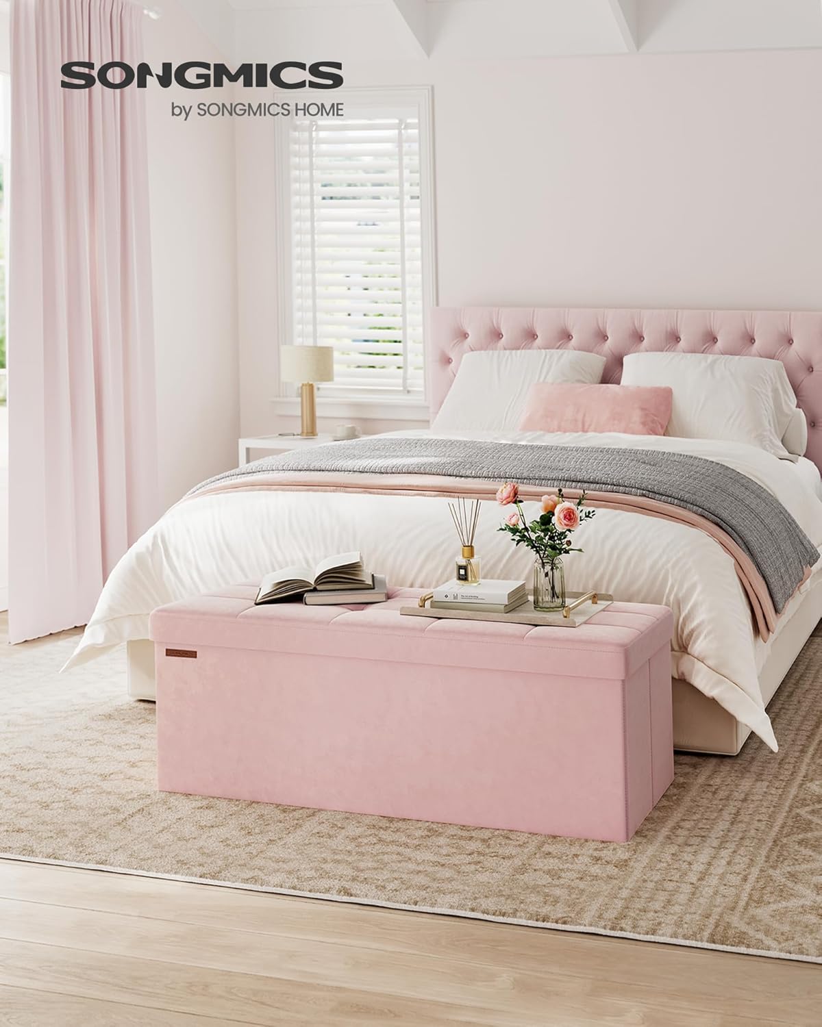 Thumbnail 1 de SONGMICS LSF277R01 Cassapanca Pouf contenitore pieghevole rosa pastello 38 x 110 x 38 cm