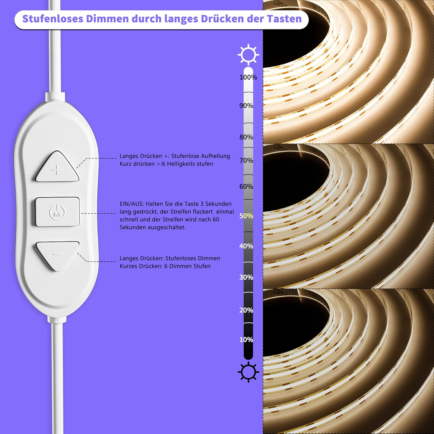 Detalle de OULARA USB COB LED Streifen 5V (4000K, 3 m) dimmbar mit Speicherfunktion – warmweiß/natürliches Weiß
