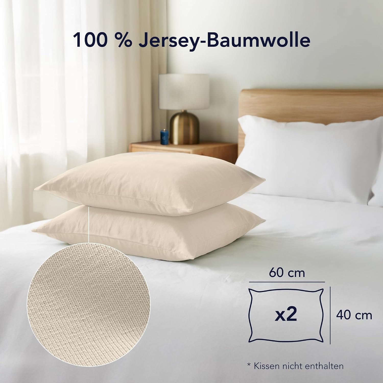 Detalle 2 de Dreamzie Kissenbezug 40x60 Beige (2er-Set) aus 100% Baumwolle – OEKO-TEX