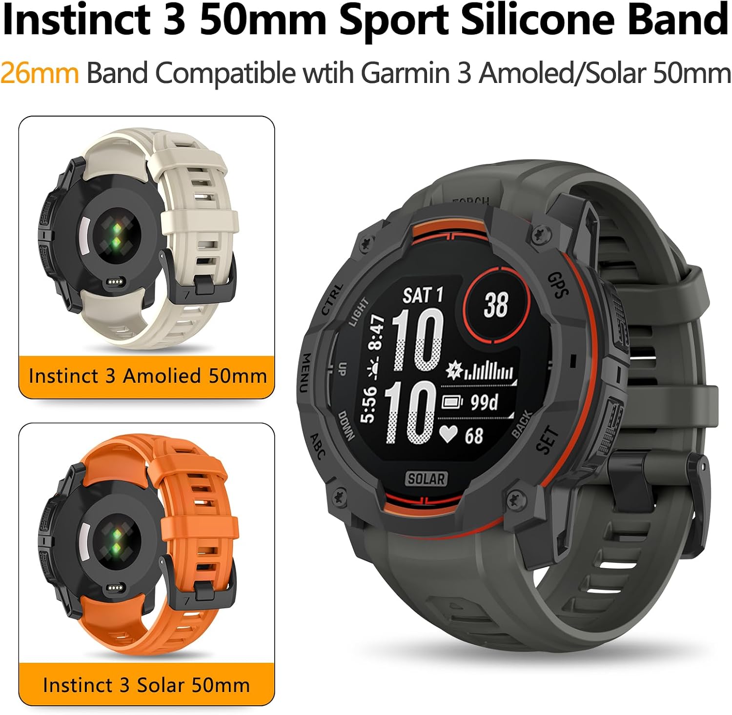 Detalle 2 de OVERSTEP Silicone 26mm Replacement Band for Garmin Instinct 3 50mm