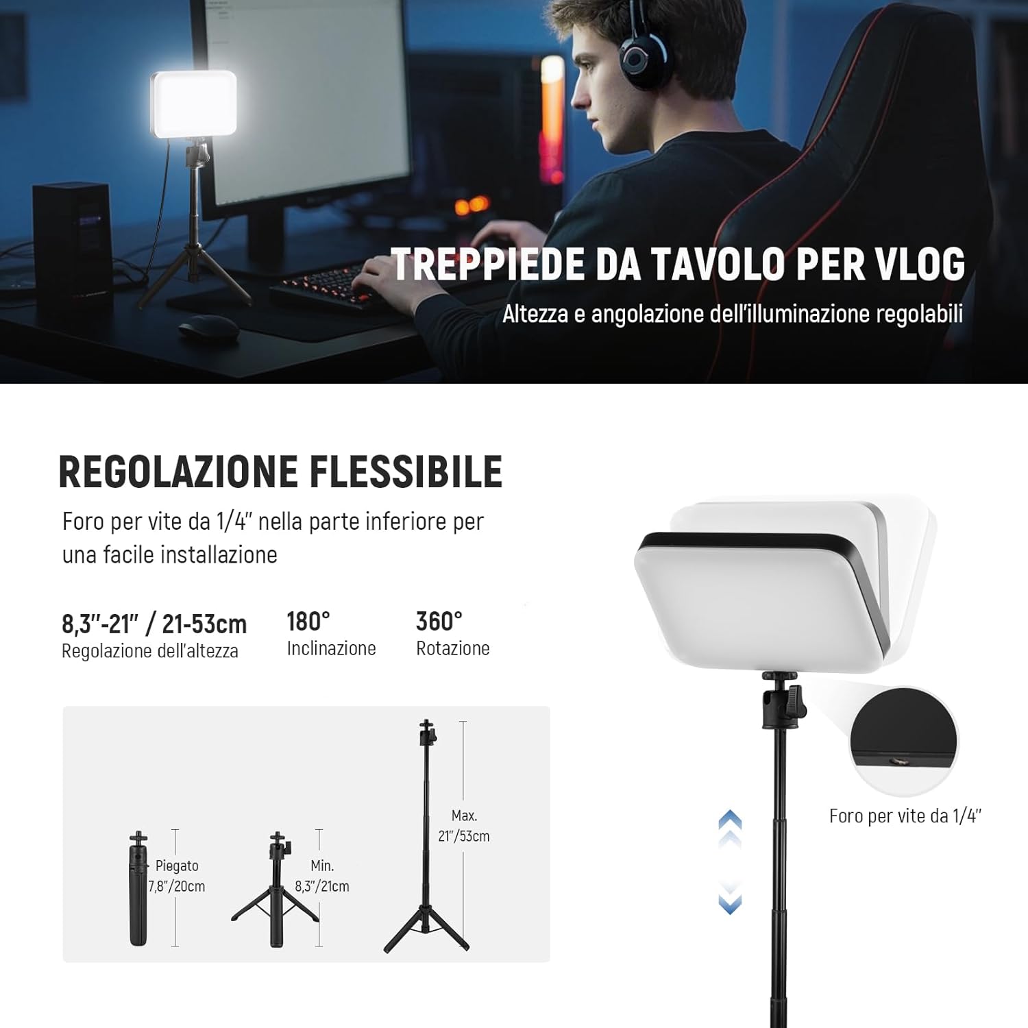 Thumbnail 4 de NEEWER BASICS BP66 kit luce video a pannello LED da scrivania (3 pezzi) con treppiedi tavolo, filtri bicolore e supporto regolabile