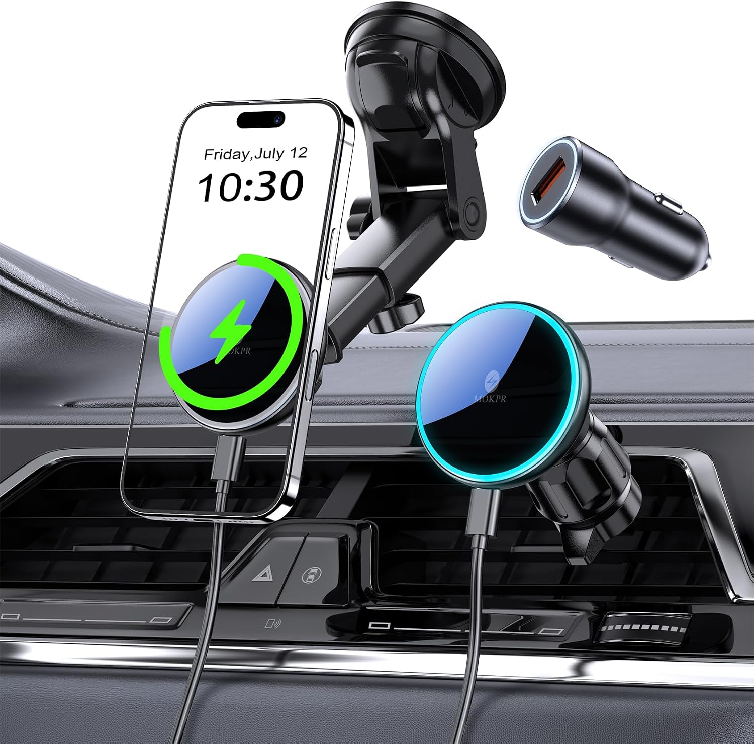MOKPR 15W Support Téléphone Voiture Magnétique avec Charge MagSafe et Ajustement 360°