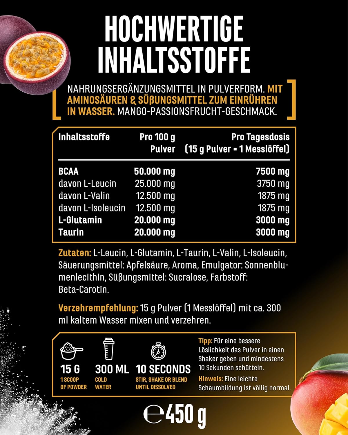 Thumbnail 5 de Advanced BCAA Pulver 450 g – 2:1:1 Aminosäuren mit L-Glutamin & Taurin, vegan, instant & lecker (Mango Passionsfrucht)