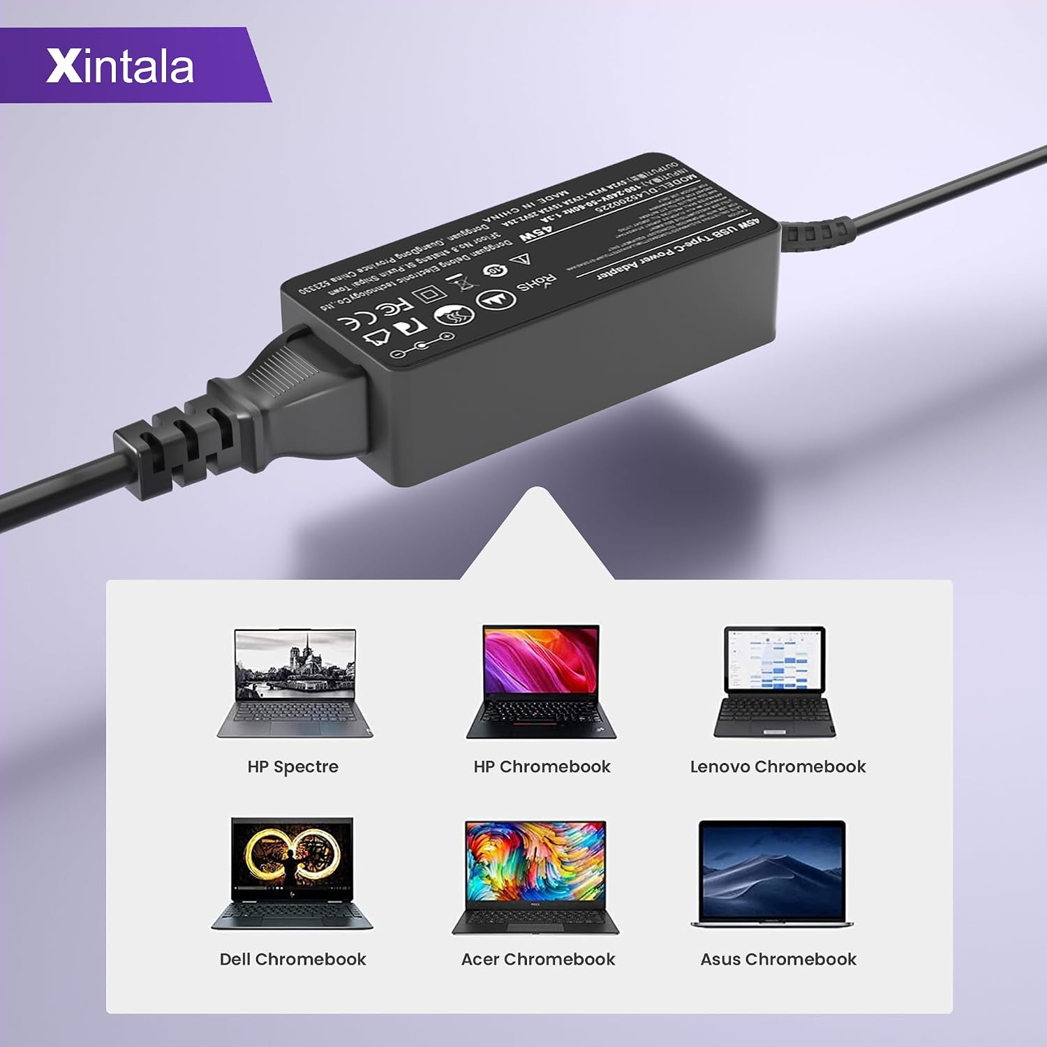 Detalle 2 de 45W USB-C Laptop Charger – Universal Type-C Power Adapter for Lenovo, Acer, HP, Asus, Dell, Samsung and More