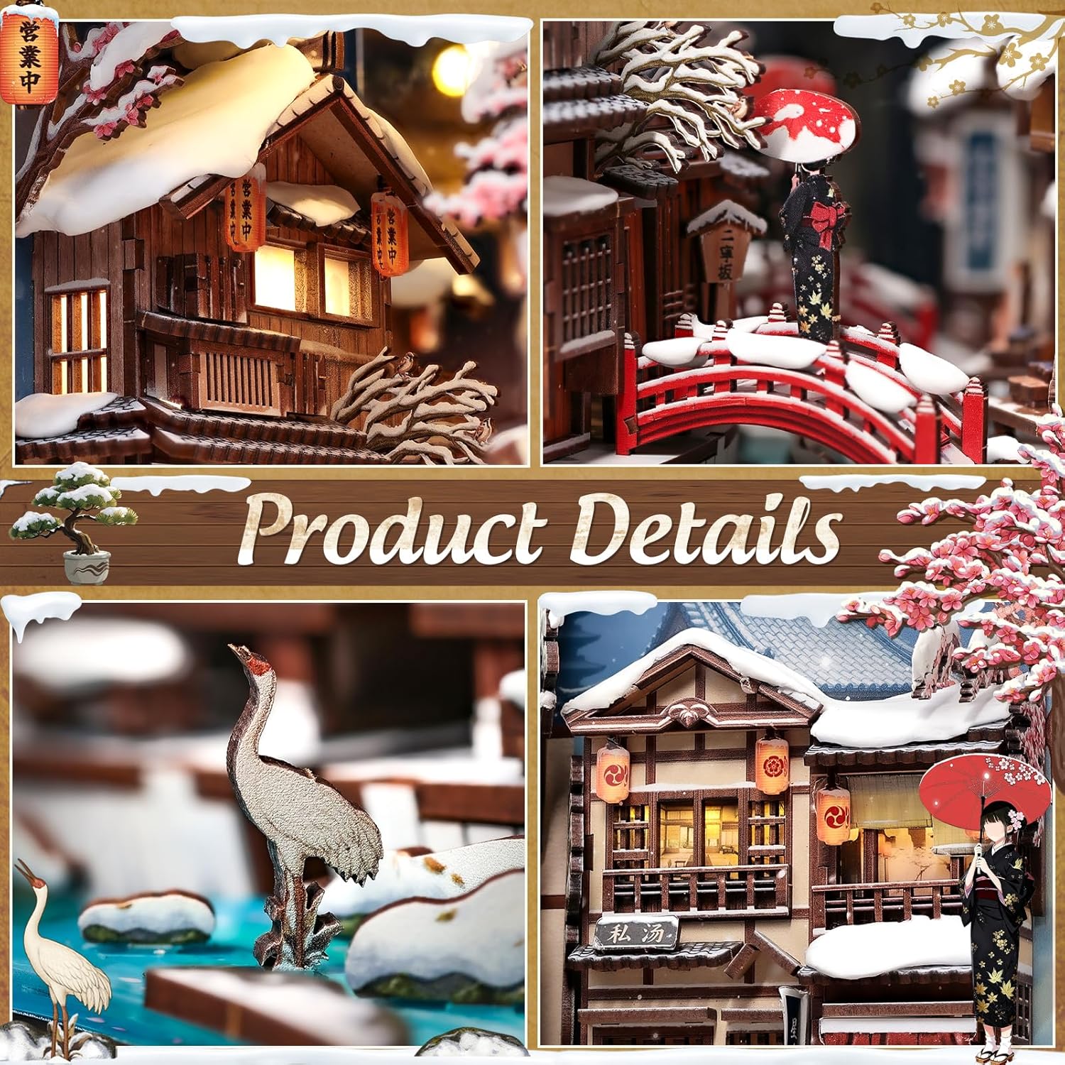 Thumbnail 3 de CUTEBEE Book Nook Kit DIY Dollhouse for Adults – Kyoto Snow Night 3D Wooden Puzzle with LED