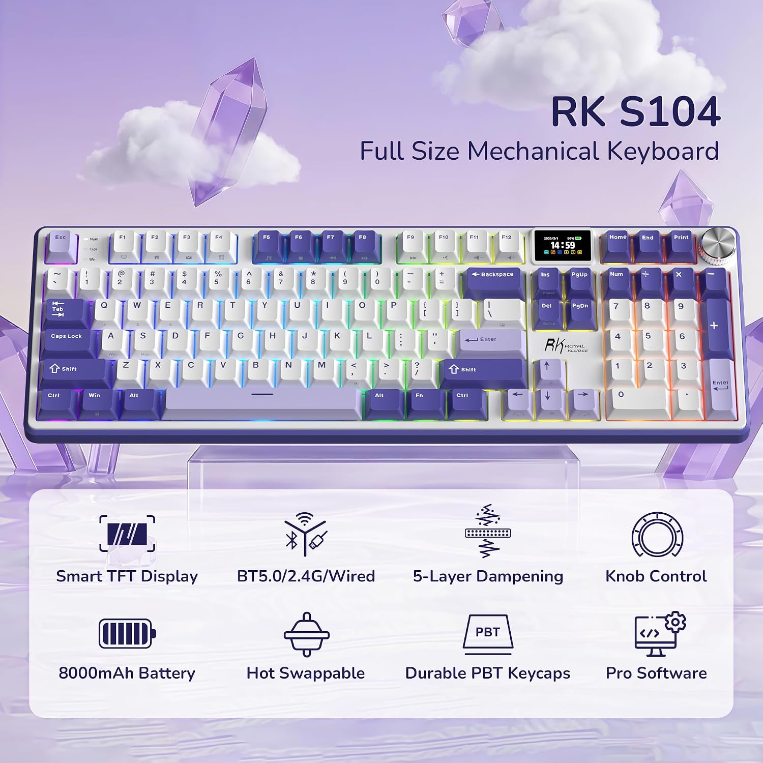 Detalle de RK ROYAL KLUDGE S104 Full-Size Wireless Mechanical Keyboard with TFT Screen and Knob