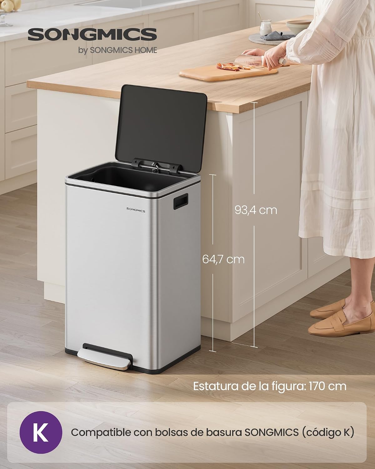 Detalle 2 de SONGMICS LTB595E01 Cubo de basura 50 L