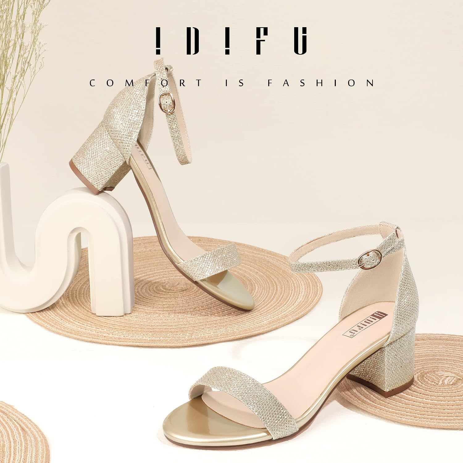 Detalle de IDIFU IN2COOKIELO Women's Low Block Heel Sandals with Ankle Strap