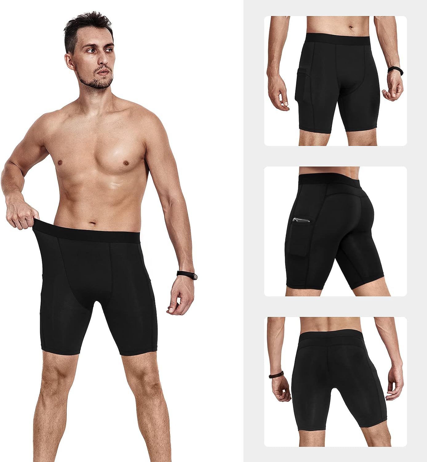 Detalle de Niksa 1- or 3-Pack Men's Compression Shorts: Base Layer Running Shorts with Cell Phone Pockets