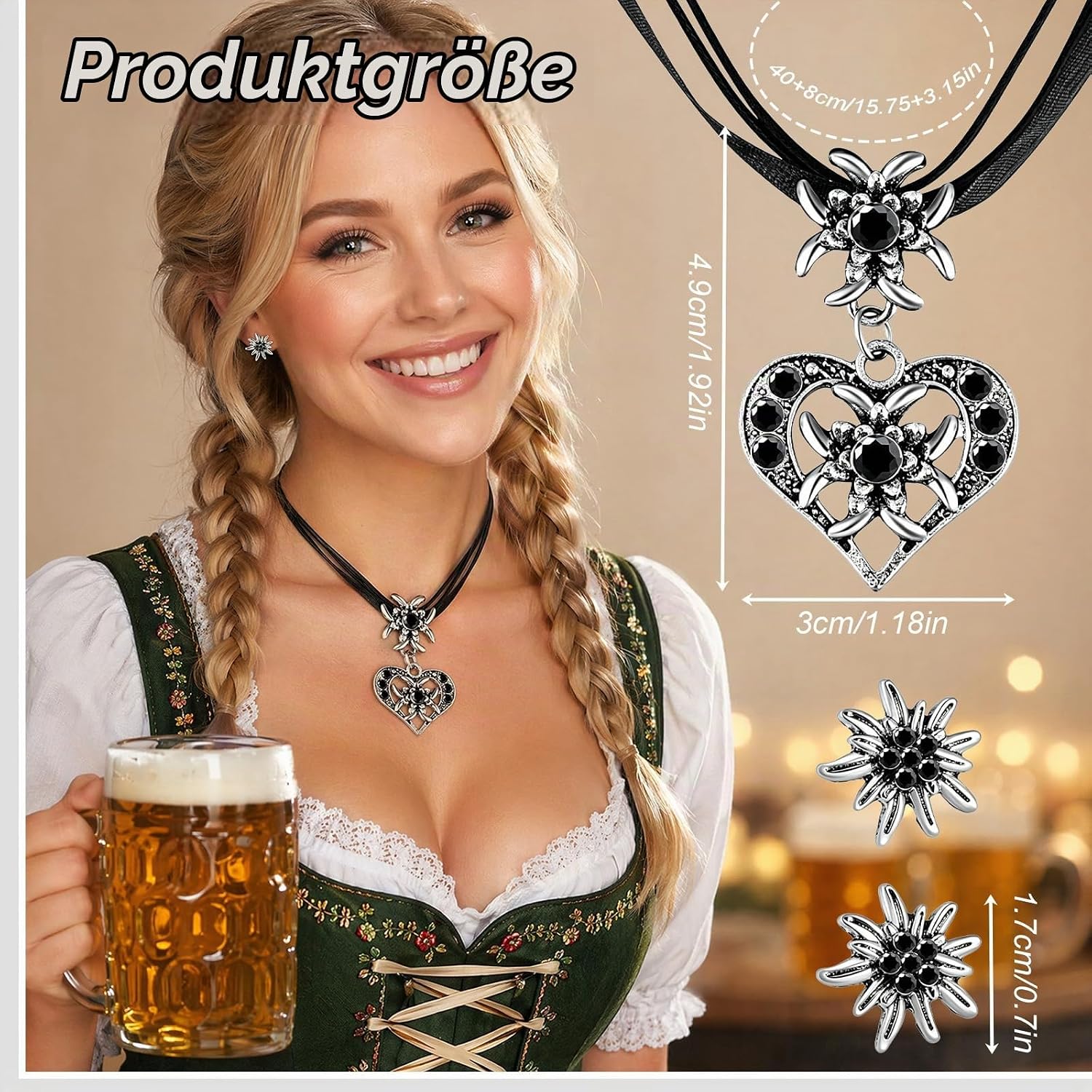 Thumbnail 1 de Homelyxe 3 Stück Trachtenschmuck Set Schwarz – Edelweiß Herz Anhänger für Dirndl, Oktoberfest