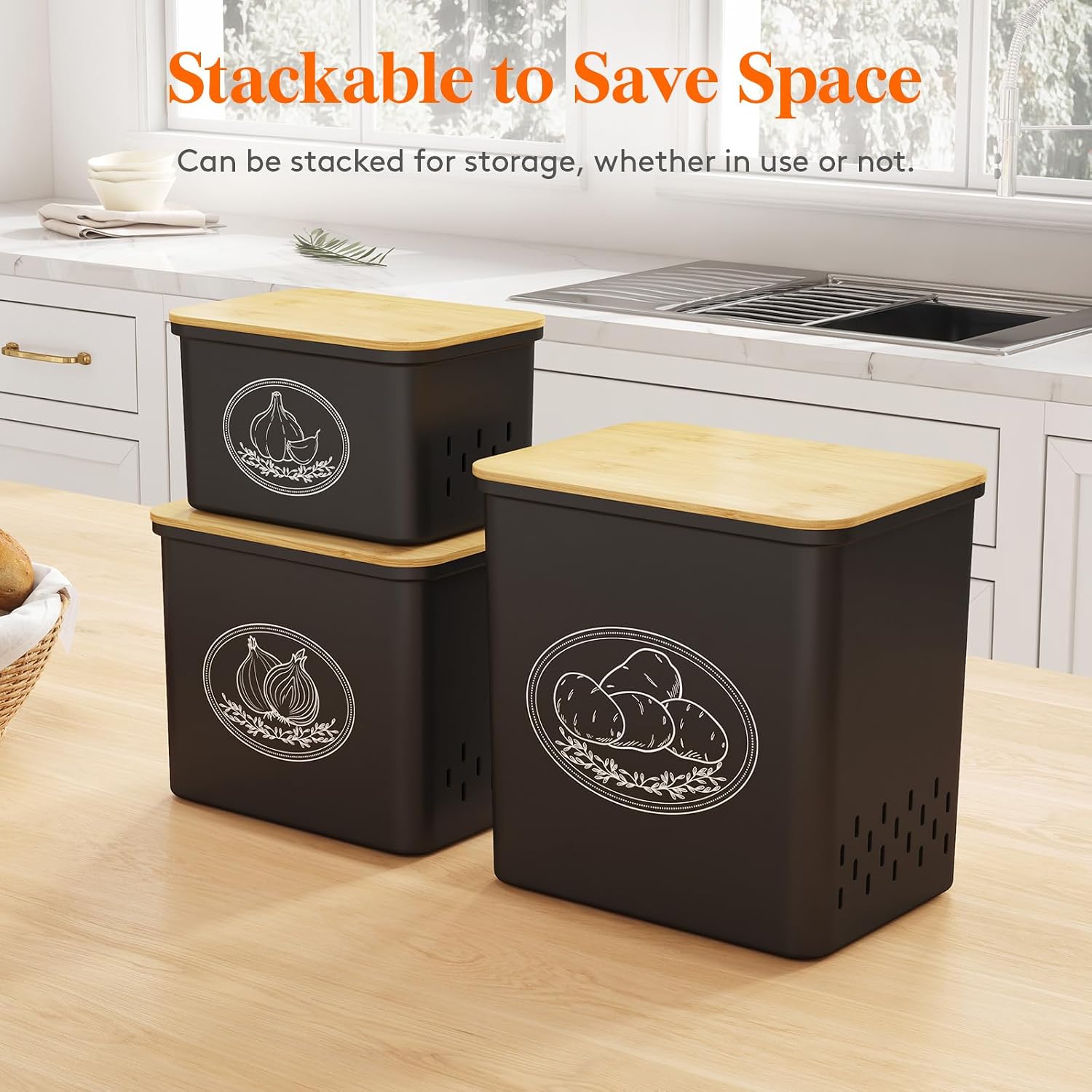 Detalle 1 de Lifewit Set of 3 Potato Storage Boxes, Black, Ventilated and Stackable
