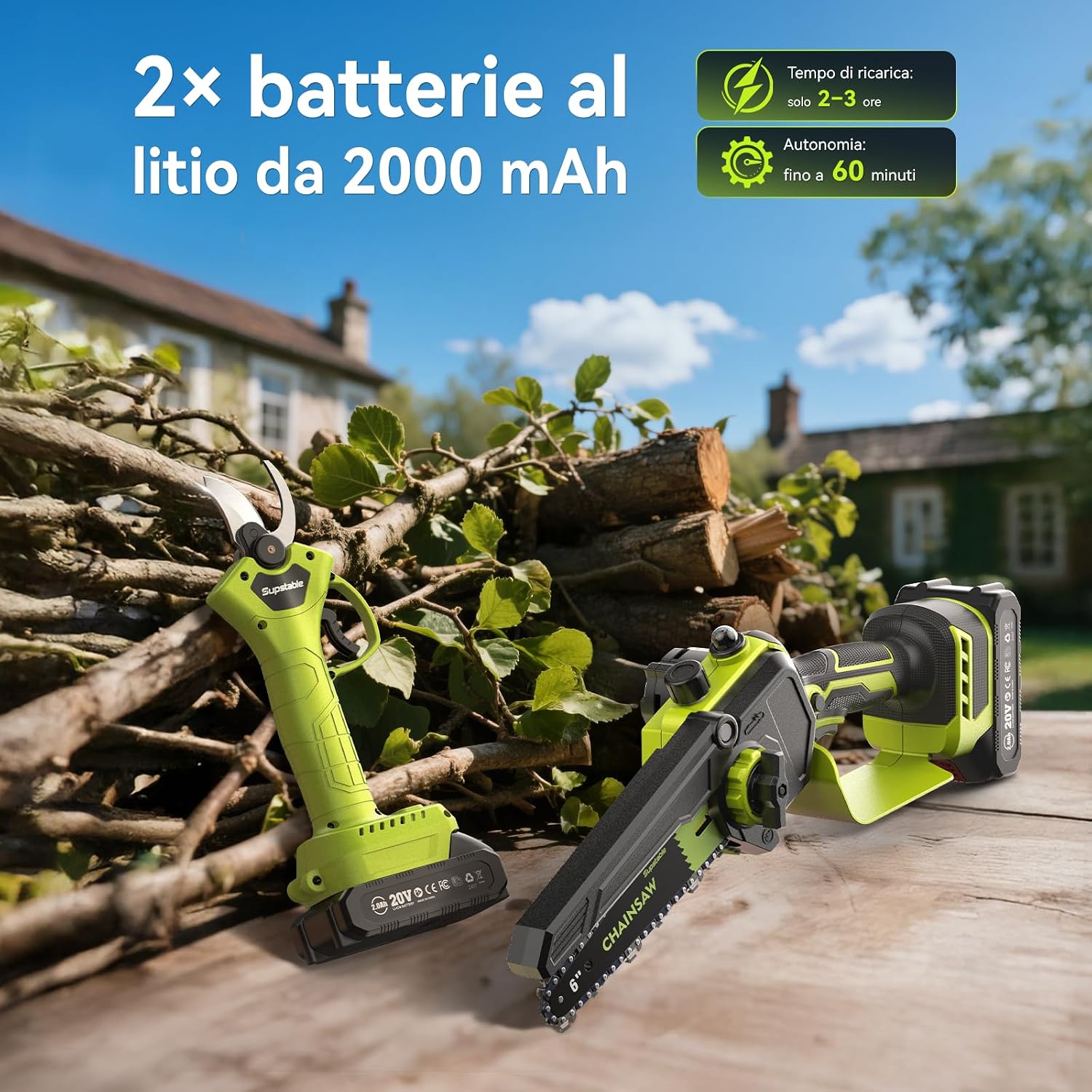 Detalle 2 de Supstable Mini Motosega e Forbici a Batteria 6”/33 mm 2-in-1 con Motore Brushless e 2 Batterie da 2.000 mAh