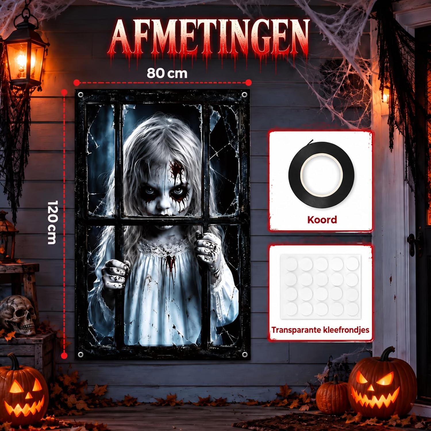Detalle 2 de Kaiyingxin 072901 Halloween-decoratiedoek 80 x 120 cm met horrormeisje