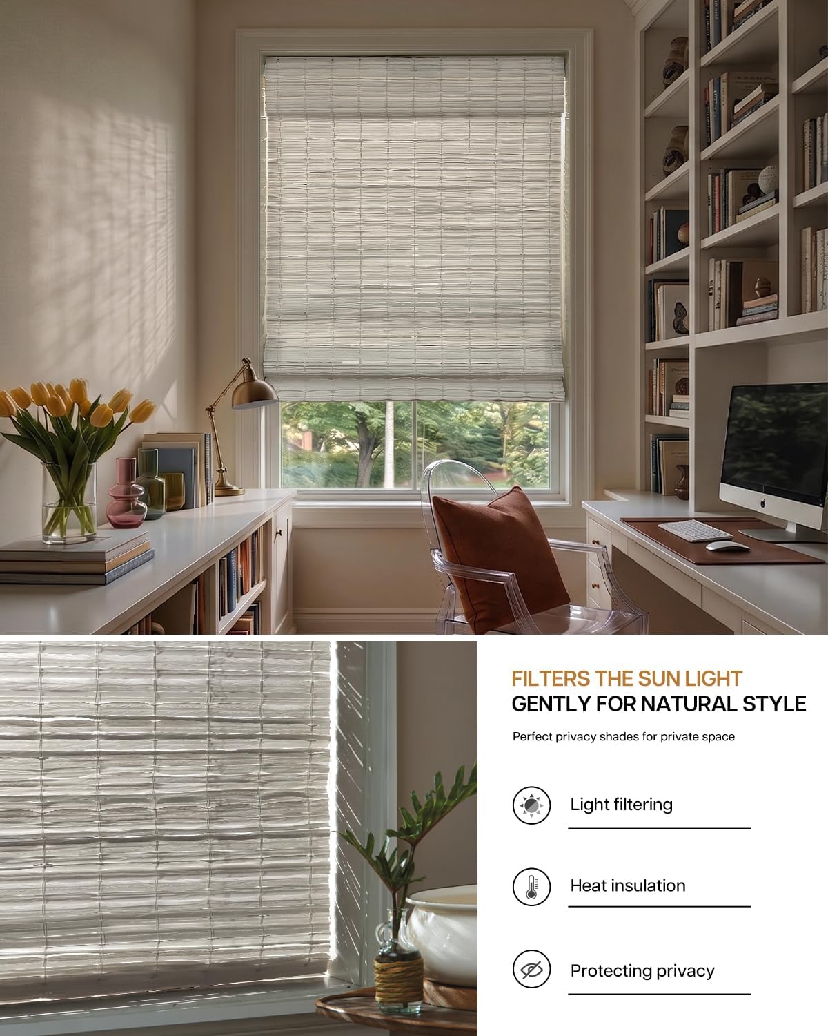 Detalle 2 de LazBlinds Cordless Roman Shade, White